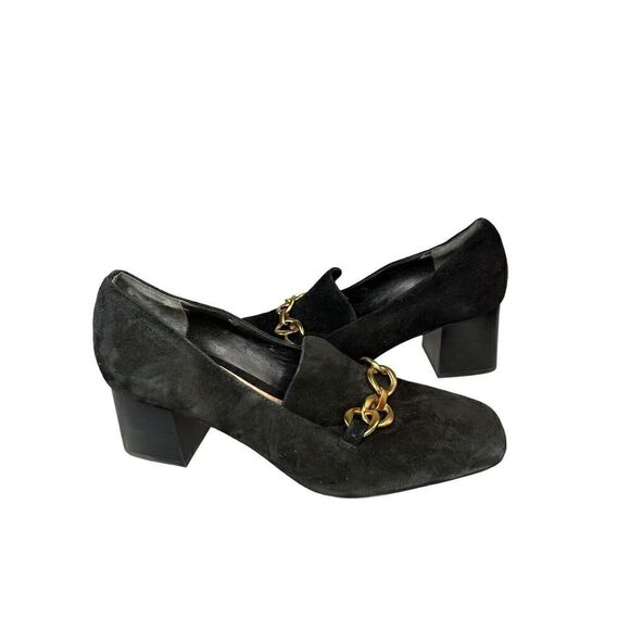 Via Spiga Chunky, velvety-suede black pump with brushed gold chain sz 7.5 US - Picture 1 of 10